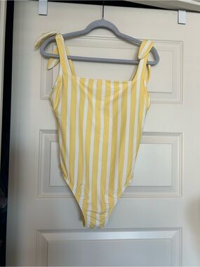 Kona Sol Yellow and White Striped Tie-Shoulder One-Piece